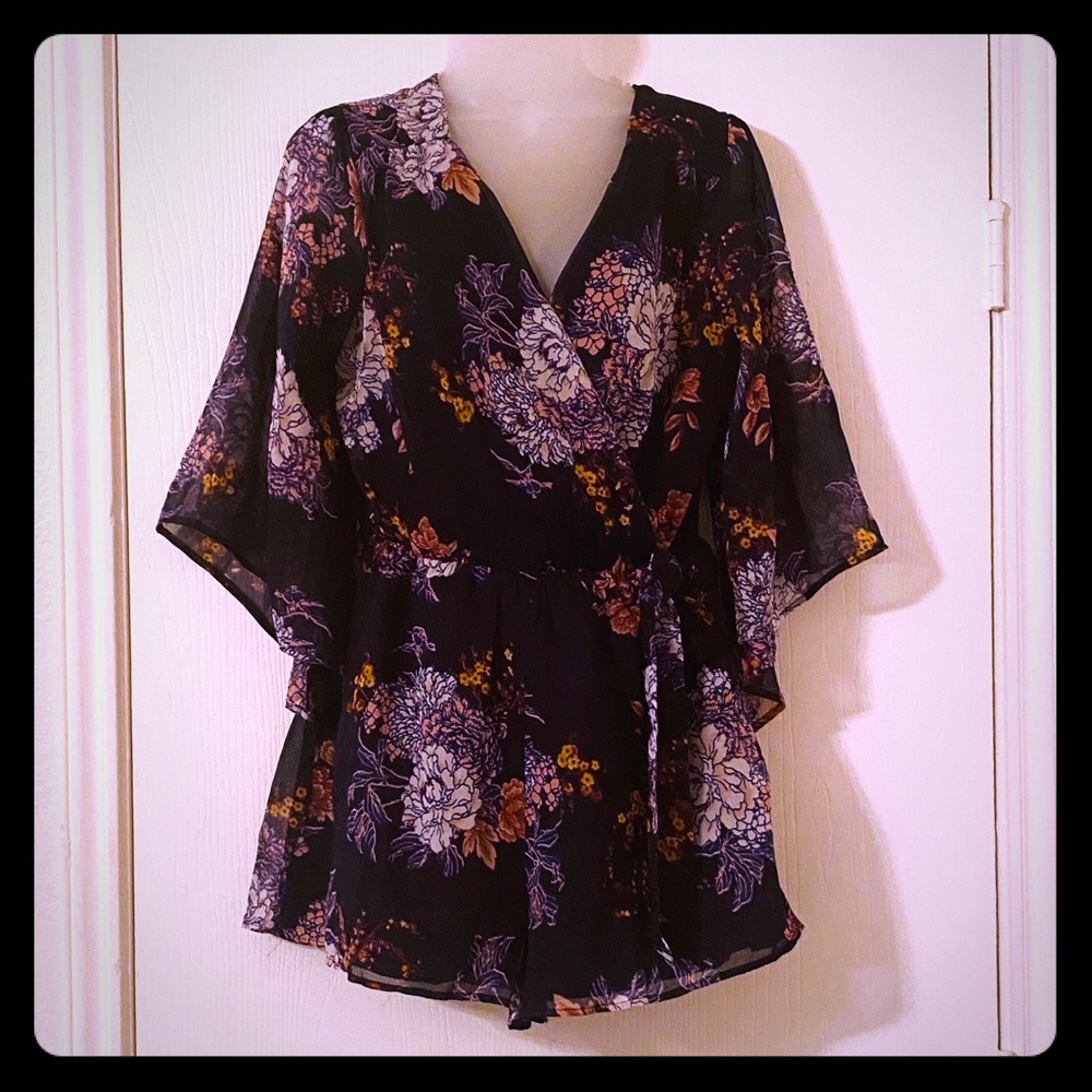 Navy, flower printed romper